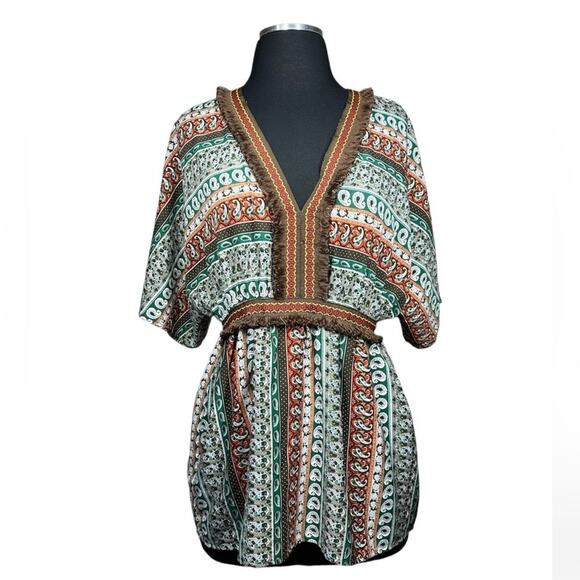 Umgee V-Neck Short Kimono Sleeve Tunic Top Fringe Paisley Aztec Embroidery Sz S - Picture 1 of 13